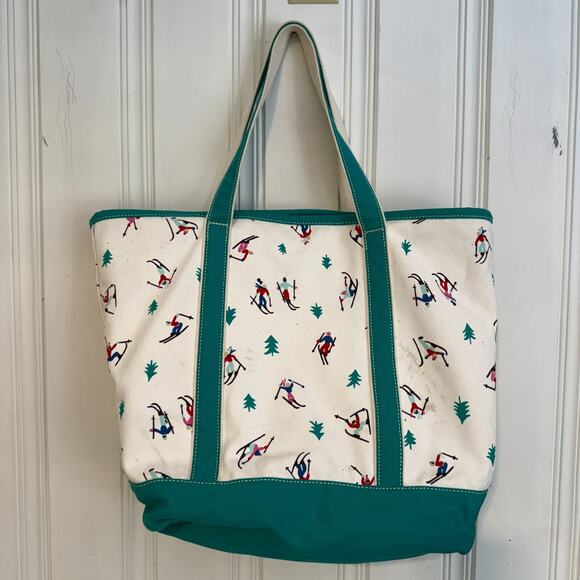 Lands End Skiing Tote Bag Ivory Cotton Heavy Duty Canvas Skiers Trees - Picture 2 of 7